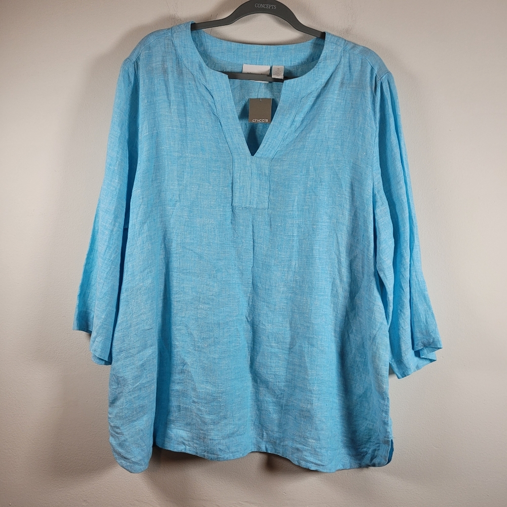 NWT Chico's Linen Tunic Top Size 3 Aqua Blue 3/4 Sleeve Beachy Lightweight